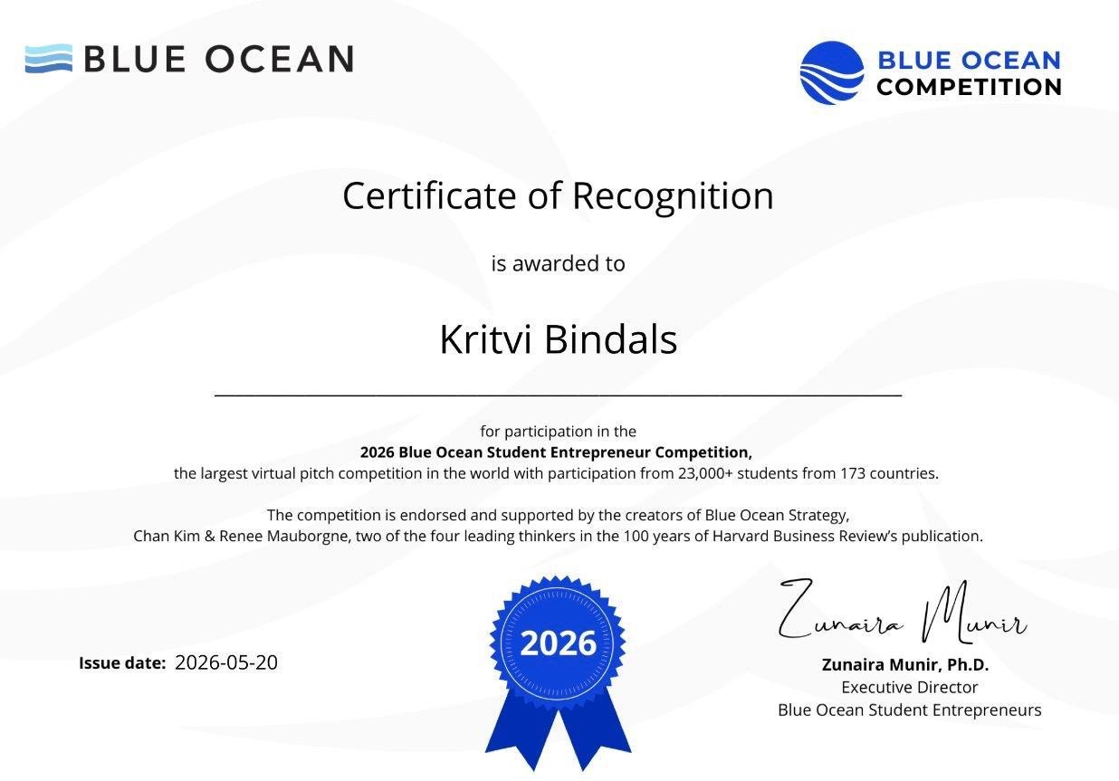 Blue Ocean Competition 2026 — Certificate of Recognition