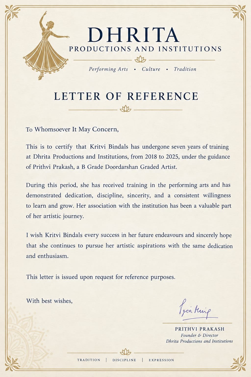Dhrita Productions and Institutions — Letter of Reference confirming seven years of Kathak training