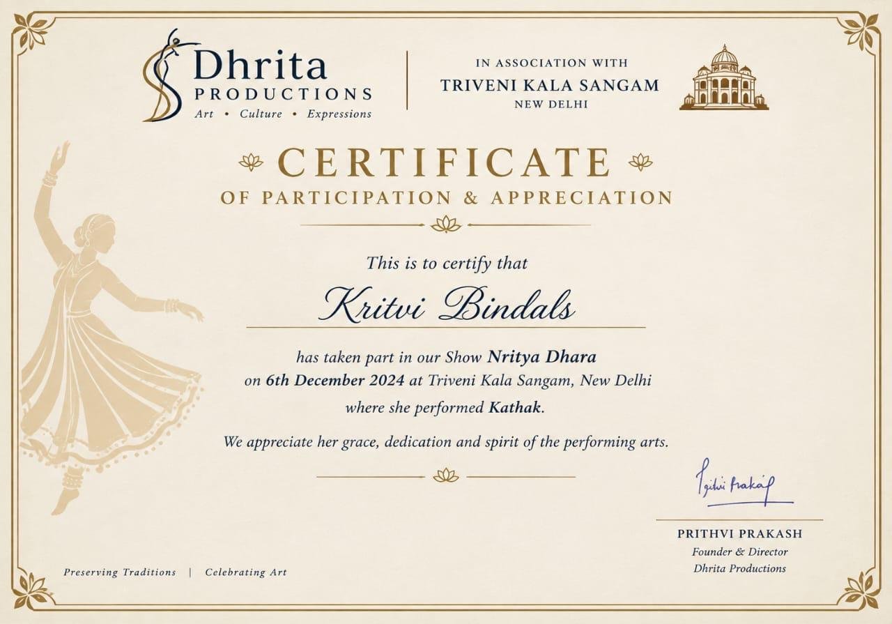 Nritya Dhara — Certificate of Participation and Appreciation